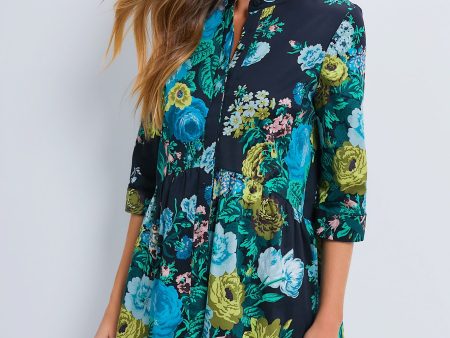 Verdant Floral Royal Shirt Dress For Cheap