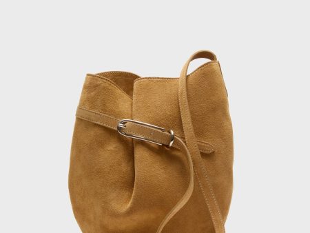 Beige Cow Suede Belted Bucket Bag on Sale