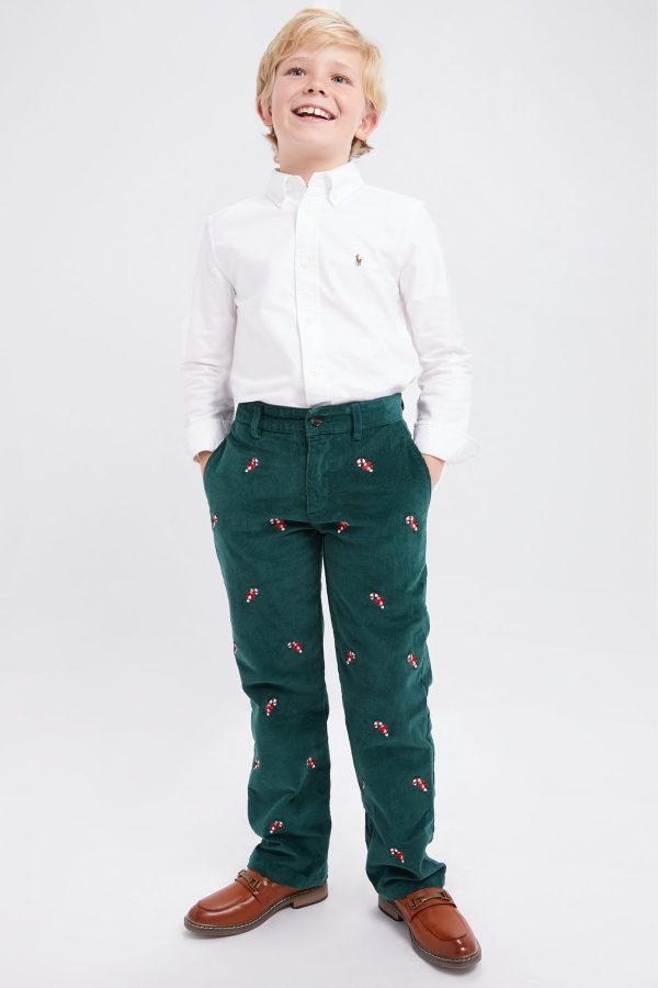 Hunter Green Candy Cane Embroidered Boys Corduroy Pants on Sale