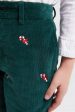 Hunter Green Candy Cane Embroidered Boys Corduroy Pants on Sale