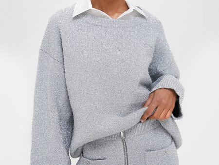 Silver Sparkle Knit O-Neck Sweater Cheap