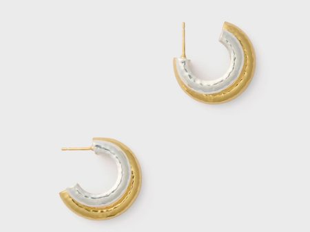 Yellow Gold and Silver Double Hoop Earrings For Sale