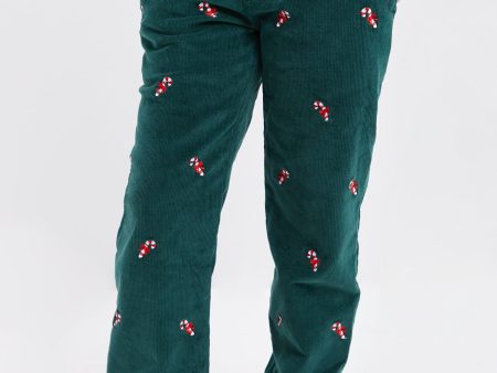 Hunter Green Candy Cane Embroidered Boys Corduroy Pants on Sale