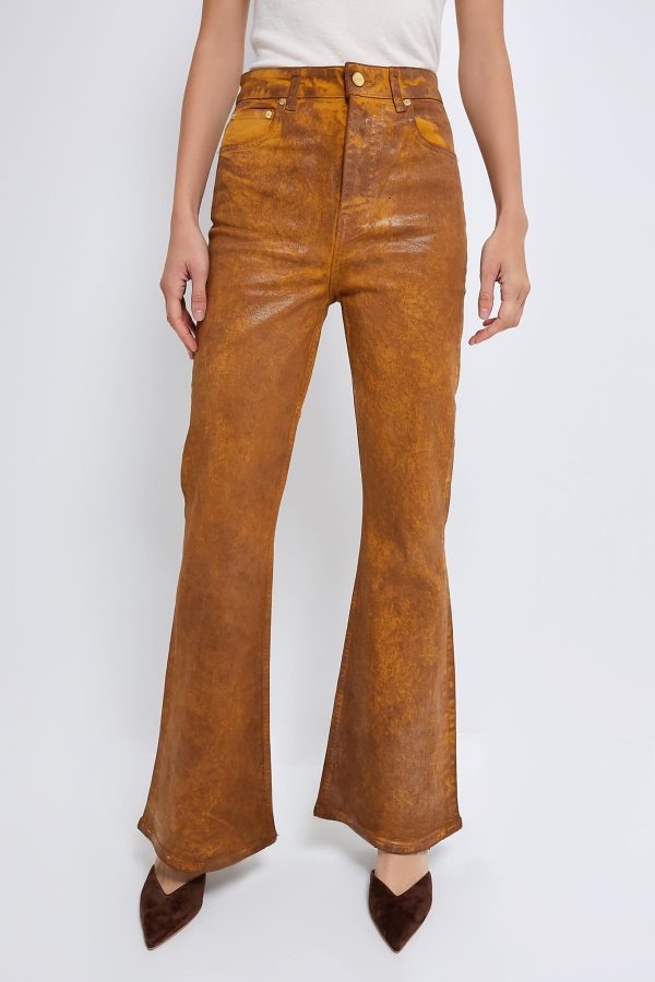 Cognac Foil Overdyed Denim Flare Jeans Online now