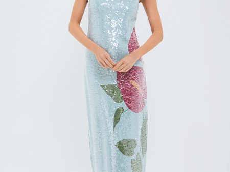 Anthurium Flowers Blue Slip Maxi Dress Supply